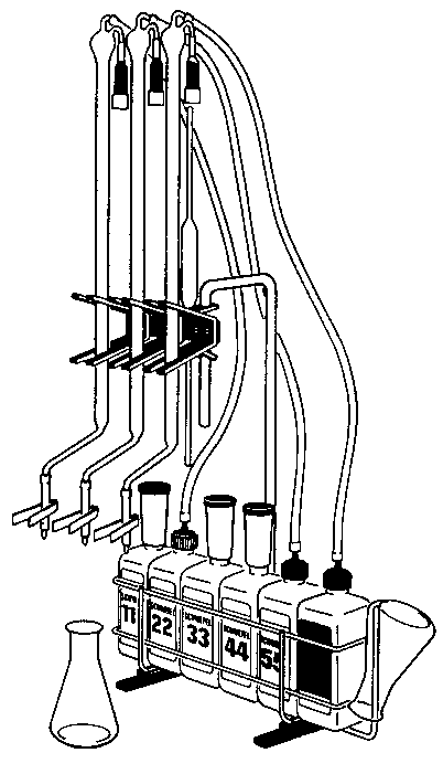 Hand drawn illustration of a laboratory featuring glassware components interconnected with tubing, setup to perform a titration or distillation. A rack of six solutions are present, some are in use with tubing. A flask is present below the setup.